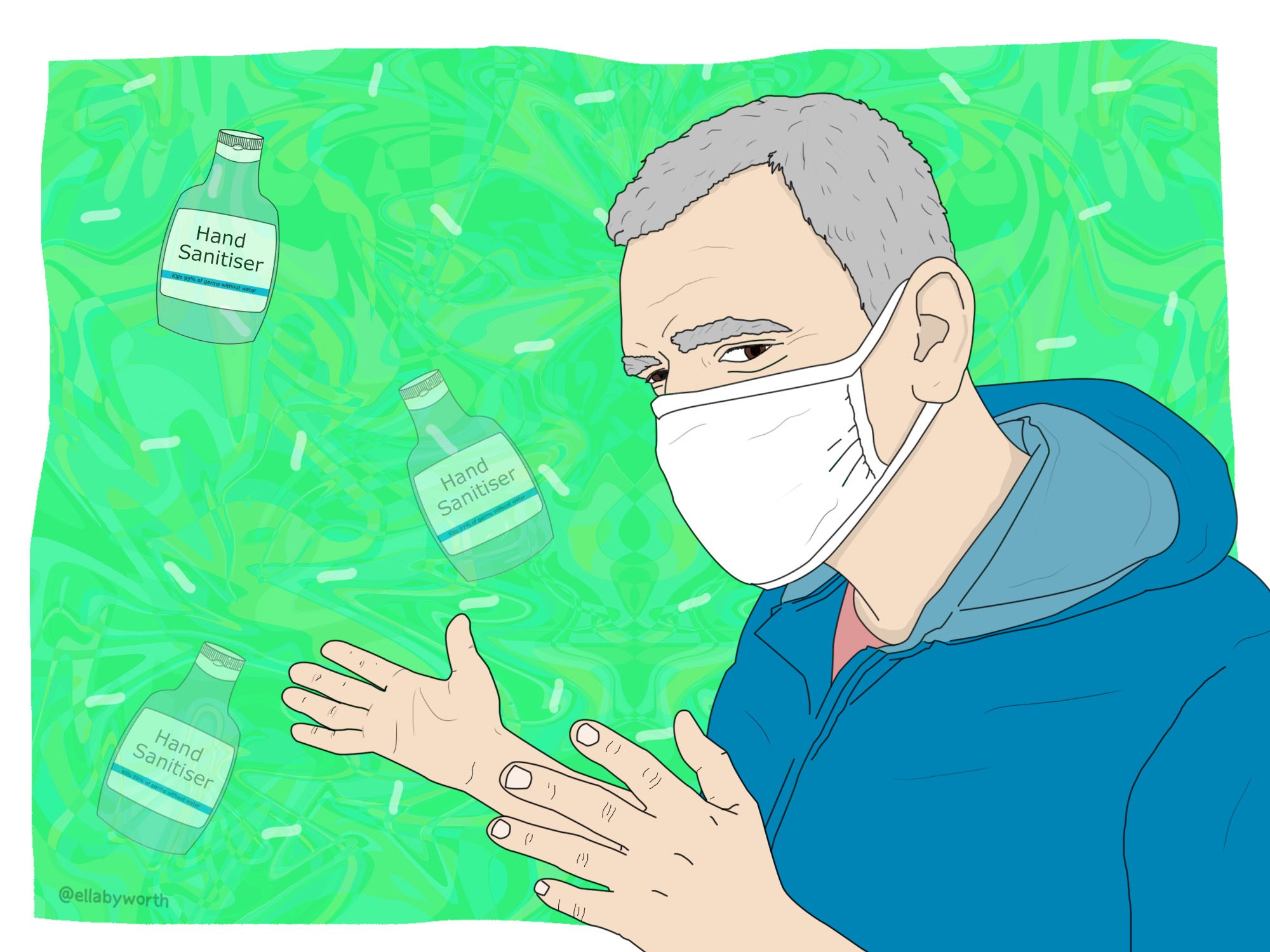 Illustration of an elderly person with a face mask and bottles of hand sanitiser in the background